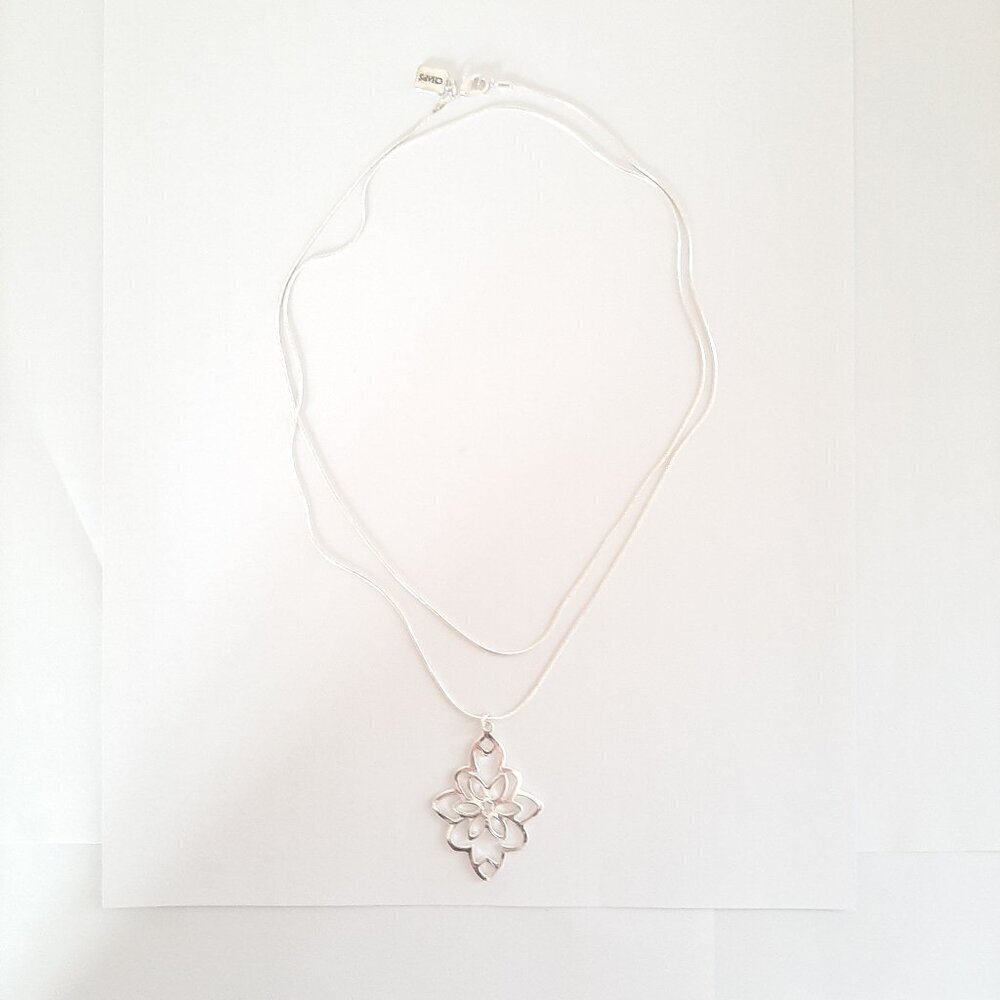 Chaps Long Silver Tone Pendant Necklace with Intricate Floral Geometric Design